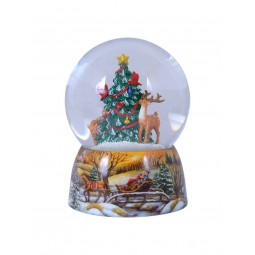 Snowglobe, porcelain base, animals decorate the Christmas tree